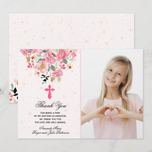 Girl Foto Watercolor Pink Blume Taufe Dankeskarte
