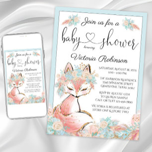 Girl Fox Pink Aquamarin Gold Aquarell Kinderdusche Einladung