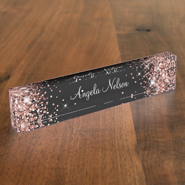 Girl Funkelnd Rose Gold Glitzer Black Namensplakette (Seite)