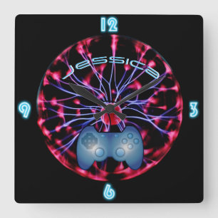 GIRL GAMER Plasma Ball Custom NEON Clock Quadratische Wanduhr