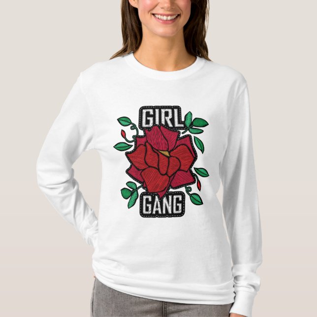 Girl Gang Rote Rose Patch Fashion Abzeichen T-Shirt (Vorderseite)