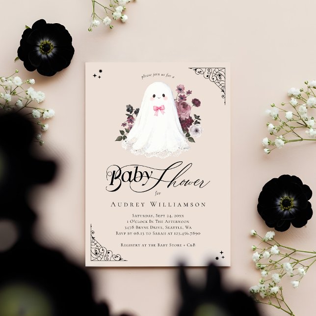 Girl Ghost Little Boo Floral Gothic Baby Dusche Einladung (Girl Ghost Little Boo Floral Gothic Baby Shower Invitation)