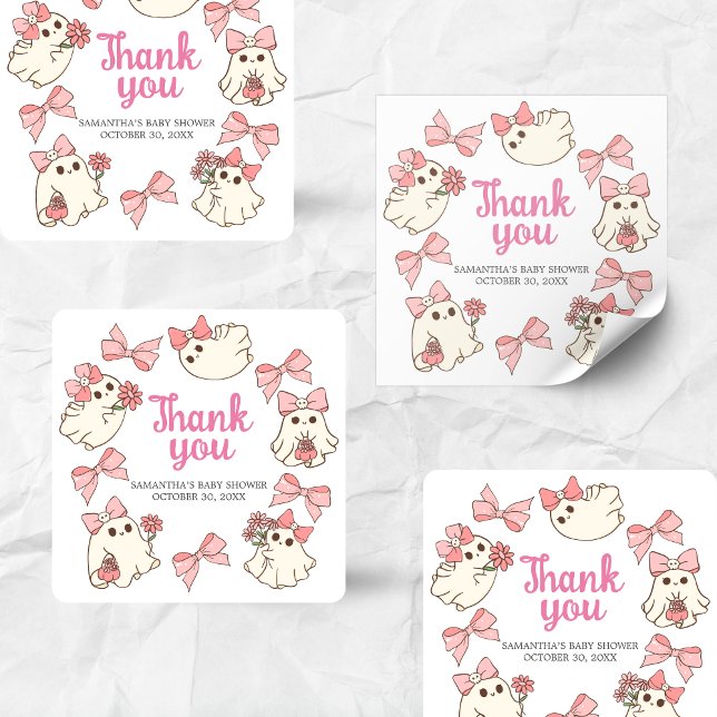Girl Ghost Little Boo Halloween Kinderdusche Quadratischer Aufkleber (Pink Little Boo Halloween Baby Shower Sticker)