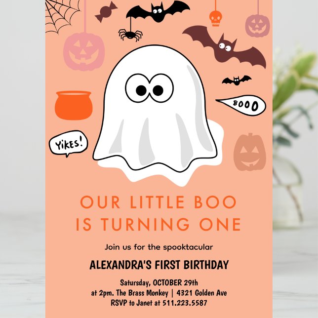 Girl Ghost Orange Halloween 1. Geburtstag Einladung (Halloween-1st-birthday-Invitation-ghost-girl-orange-1)