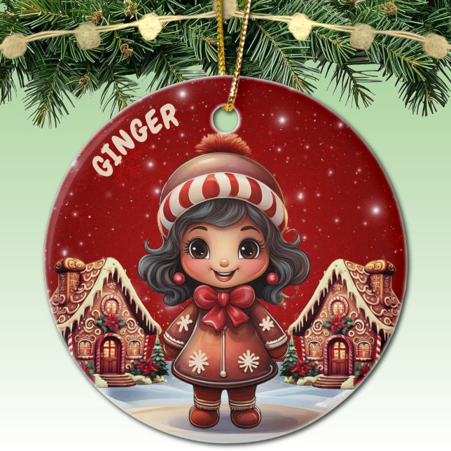 Girl Gingerbread Village House Christmas Decor Keramik Ornament (Personalizable Girl Gingerbread & Houses Christmas Decor Customizable Ornament  Xmas Decoration 🎄)