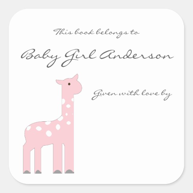 Girl Giraffe Baby Dusche Buchzeichen Quadratischer Aufkleber (Vorderseite)