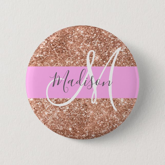 Girl Glam Pink Peach Gold Glitzer Monogram Name Button (Vorderseite)