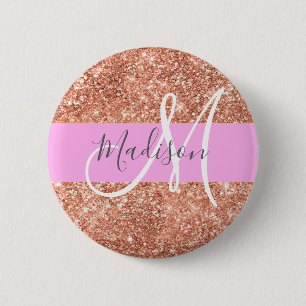 Girl Glam Pink Peach Gold Glitzer Monogram Name Button