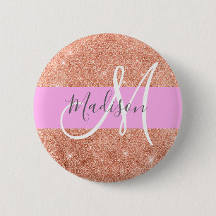 Girl Glam Pink Peach Gold Glitzer Monogram Name Button