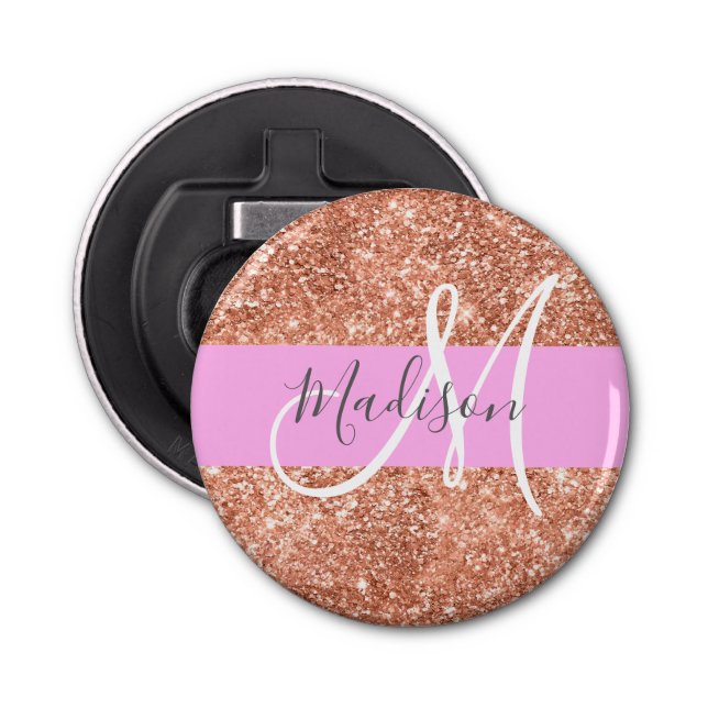 Girl Glam Pink Peach Gold Glitzer Monogram Name Flaschenöffner (Vorderseite)