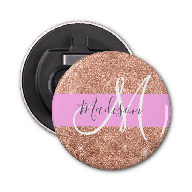 Girl Glam Pink Peach Gold Glitzer Monogram Name Flaschenöffner (Vorderseite)