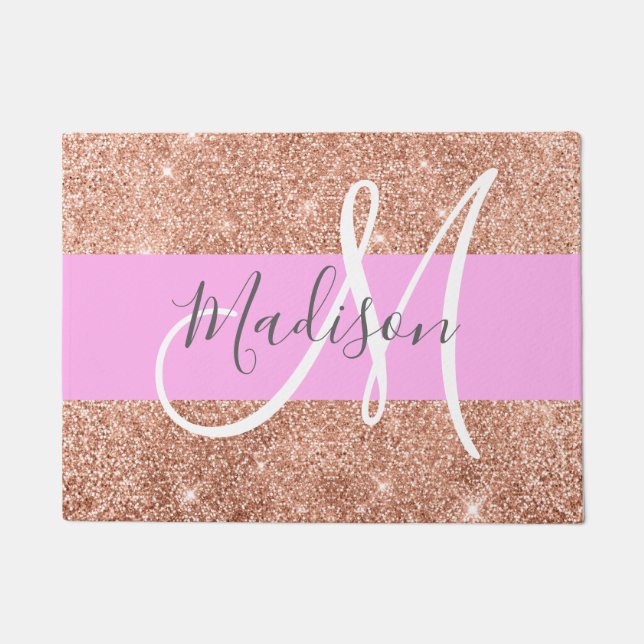Girl Glam Pink Peach Gold Glitzer Monogram Name Fußmatte (Vorderseite)