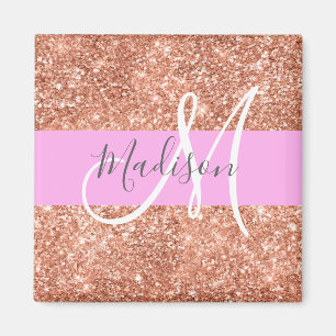 Girl Glam Pink Peach Gold Glitzer Monogram Name Magnet