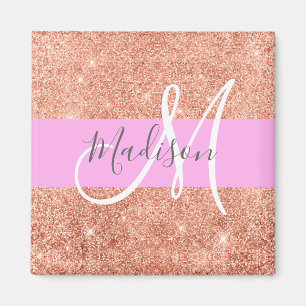 Girl Glam Pink Peach Gold Glitzer Monogram Name Magnet