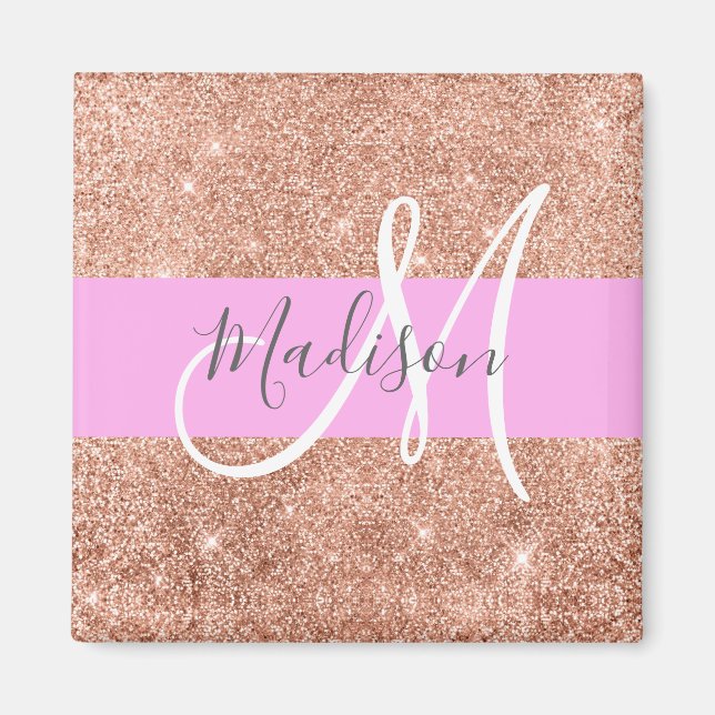 Girl Glam Pink Peach Gold Glitzer Monogram Name Magnet (Vorne)