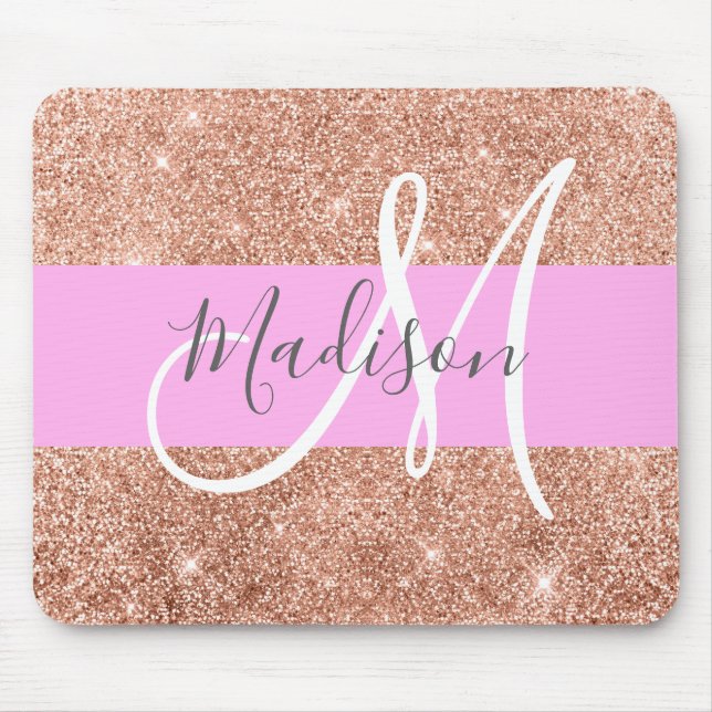 Girl Glam Pink Peach Gold Glitzer Monogram Name Mousepad (Vorne)