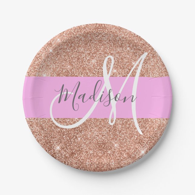 Girl Glam Pink Peach Gold Glitzer Monogram Name Pappteller (Vorderseite)