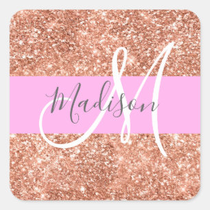 Girl Glam Pink Peach Gold Glitzer Monogram Name Quadratischer Aufkleber