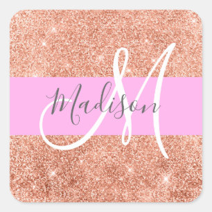 Girl Glam Pink Peach Gold Glitzer Monogram Name Quadratischer Aufkleber