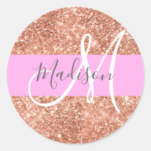 Girl Glam Pink Peach Gold Glitzer Monogram Name Runder Aufkleber