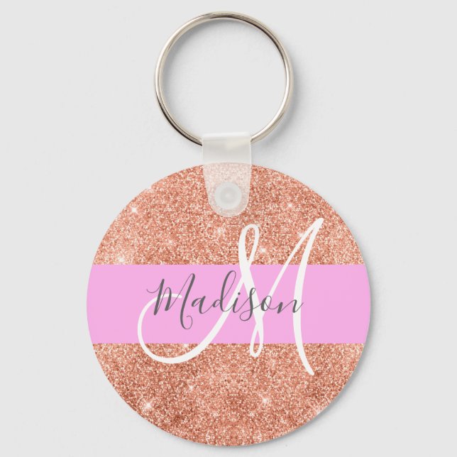 Girl Glam Pink Peach Gold Glitzer Monogram Name Schlüsselanhänger (Vorderseite)