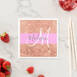 Girl Glam Pink Peach Gold Glitzer Monogram Name Serviette