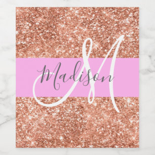 Girl Glam Pink Peach Gold Glitzer Monogram Name Weinetikett