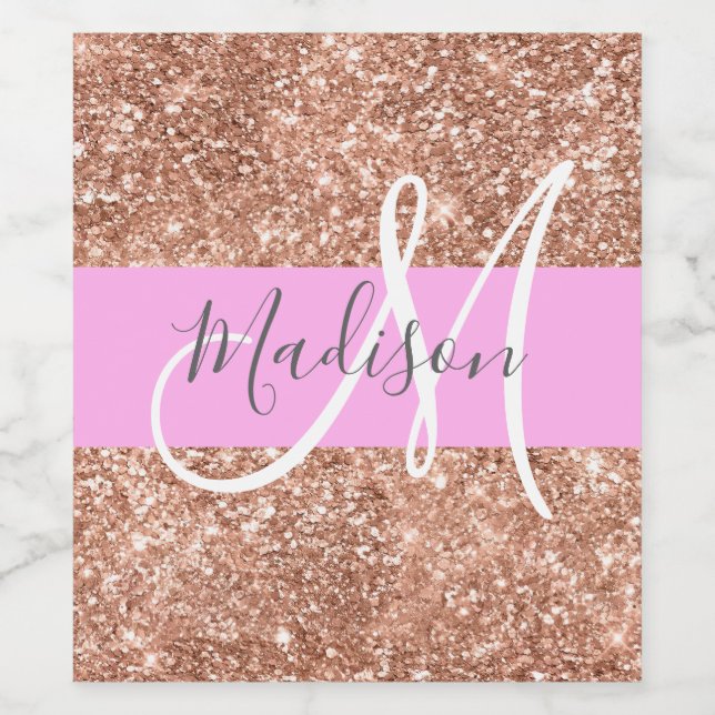 Girl Glam Pink Peach Gold Glitzer Monogram Name Weinetikett (Einzelnes Label)