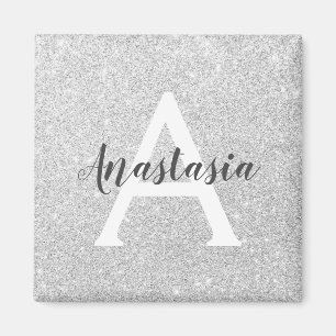 Girl Glam Silver Glitzer Glitzern Monogramm Name Magnet