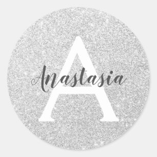Girl Glam Silver Glitzer Glitzern Monogramm Name Runder Aufkleber