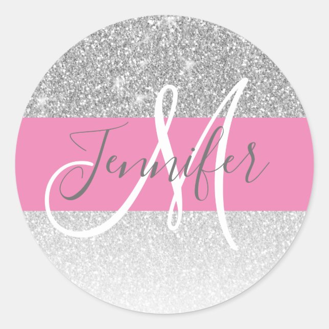 Girl Glam Silver Glitzer Pink Monogramm Name Runder Aufkleber (Vorderseite)