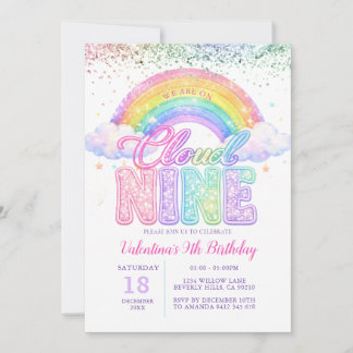 Girl Glitter Rainbow Pastel Cloud Nine Birthday Einladung