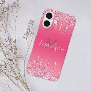 Girl Glitzer Pink Tropfen Glam Monogram Add Name iPhone 16 Hülle