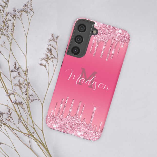 Girl Glitzer Pink Tropfen Glam Monogram Add Name Samsung Galaxy Hülle (Von Creator hochgeladen)
