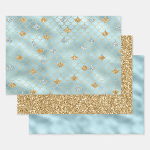 Girl Gold Aqua Blue Glitzer Mermaid Zitat Geschenkpapier Set