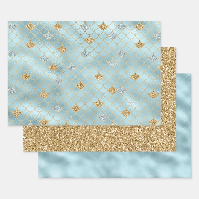 Girl Gold Aqua Blue Glitzer Mermaid Zitat Geschenkpapier Set (Set)