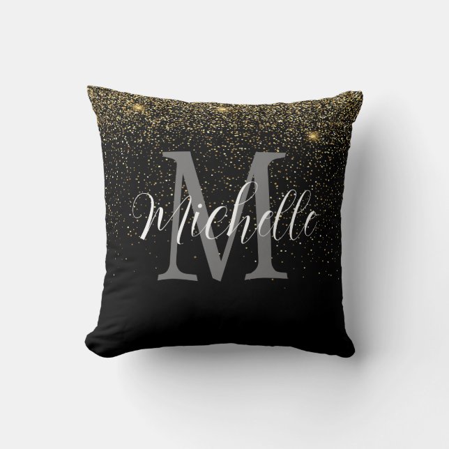 Girl Gold Black Glitzer Monogramm und Name Kissen (Vorderseite)