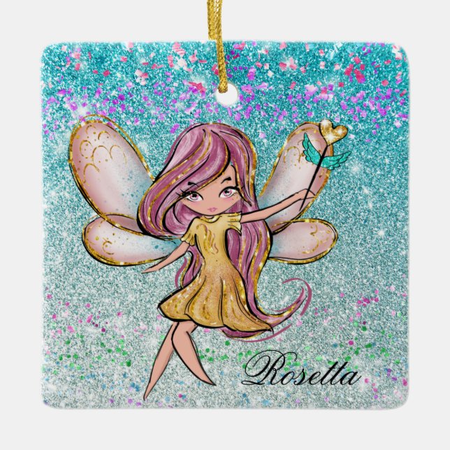 Girl Gold Lila Blue Glitzer Sparkone Fairy Dust Keramikornament (Vorderseite)
