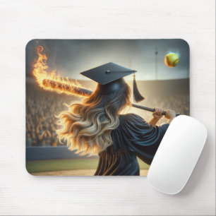 Girl Graduate Swinging a Flaming Baseball Bat Mousepad