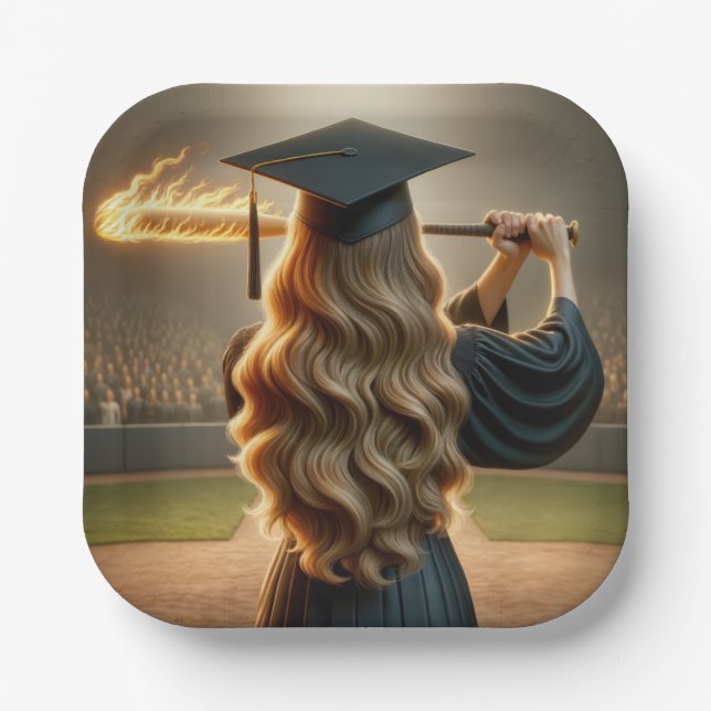 Girl Graduate Swinging a Flaming Baseball Bat Pappteller (Vorderseite)