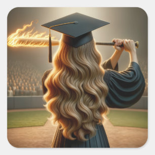 Girl Graduate Swinging a Flaming Baseball Bat Quadratischer Aufkleber