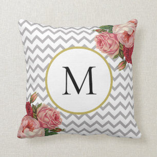 Girl-Grau-Weiß-Zickzack Vintag-Bloral-Monogramm Kissen