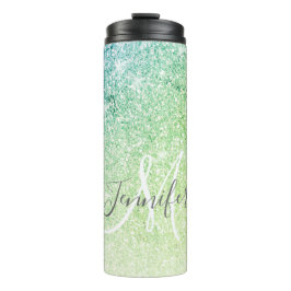 Girl Green Blue Glitzer Blush Monogram Name Thermosbecher