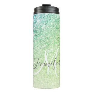 Girl Green Blue Glitzer Blush Monogram Name Thermosbecher