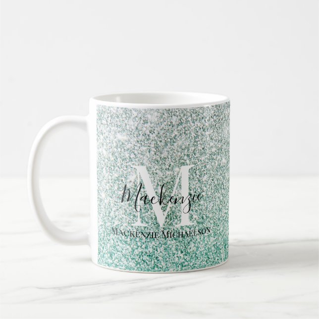 Girl Green Silver Ombre Glitzer Monogram Name Kaffeetasse (Links)