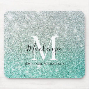 Girl Green Silver Ombre Glitzer Monogram Name Mousepad