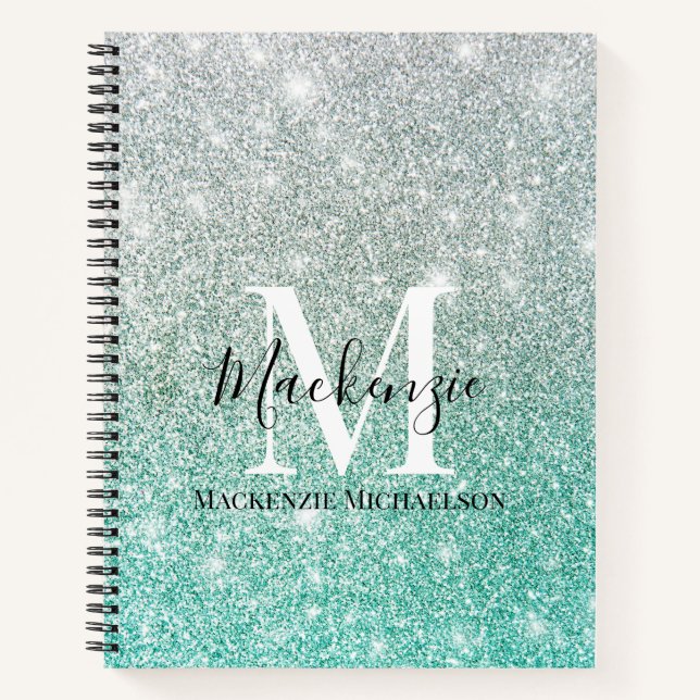 Girl Green Silver Ombre Glitzer Monogram Name Notizbuch (Vorderseite)