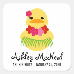 Girl-Gummi-Ducky BIRTHDAY LUAU-Gastgeschenk Quadratischer Aufkleber
