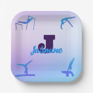 Girl Gymnastik Blue Lila Monogram Personalisiert Pappteller