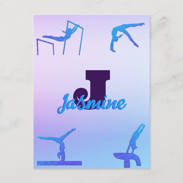 Girl Gymnastik Blue Lila Monogram Personalisiert Postkarte (Vorderseite)